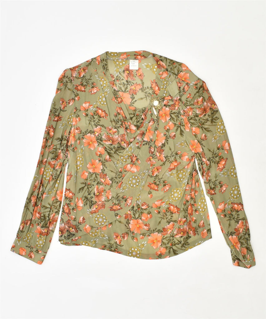 VINTAGE Womens Blouse Top UK 14 Large Khaki Floral Acetate | Vintage | Thrift | Second-Hand | Used Clothing | Messina Hembry 