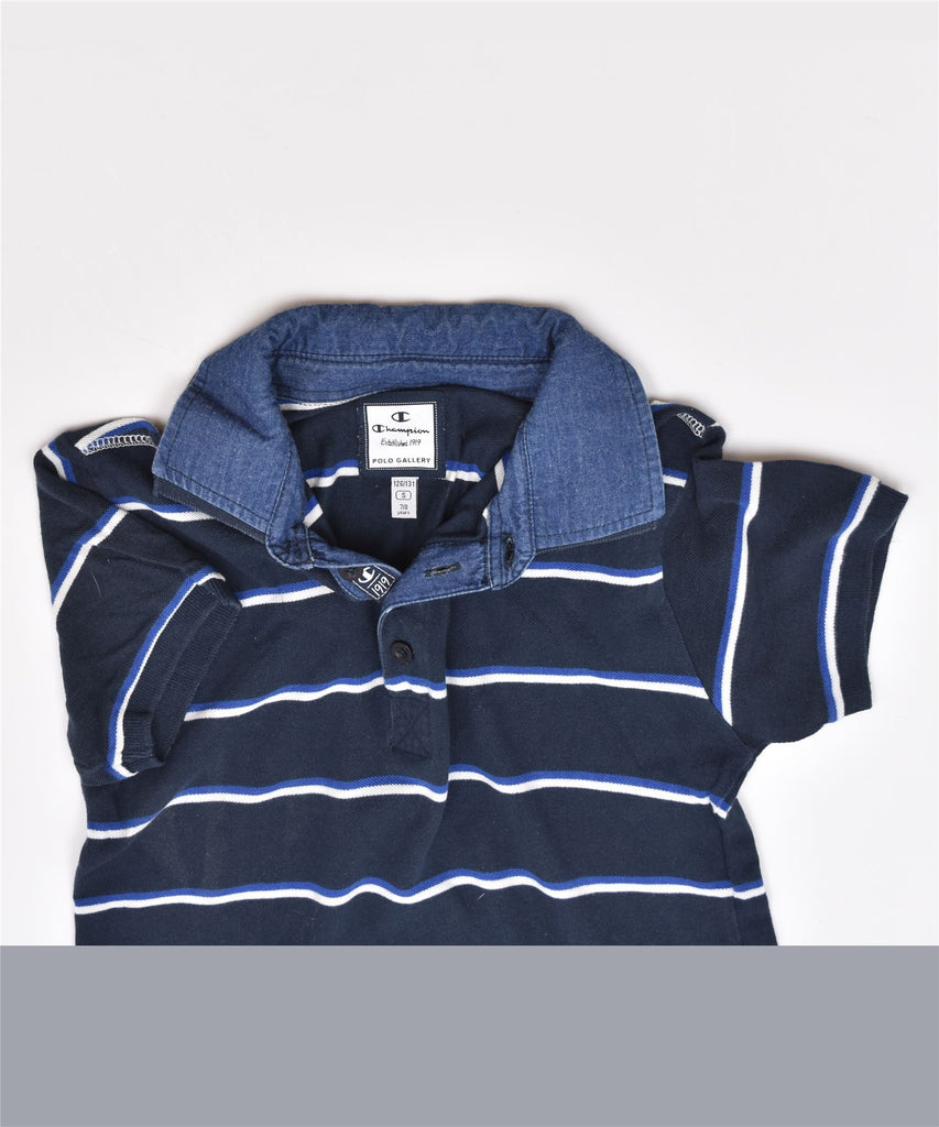 CHAMPION Boys Polo Shirt 7-8 Years Navy Blue Striped Cotton | Vintage | Thrift | Second-Hand | Used Clothing | Messina Hembry 