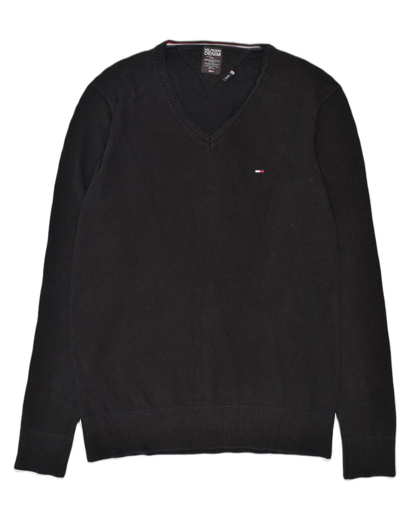 TOMMY HILFIGER Mens V-Neck Jumper Sweater Medium Black Cotton | Vintage | Thrift | Second-Hand | Used Clothing | Messina Hembry 