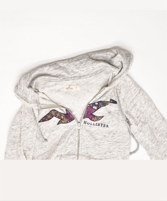 HOLLISTER Womens Graphic Zip Hoodie Sweater UK 10 Small Grey Cotton, Vintage & Second-Hand Clothing Online