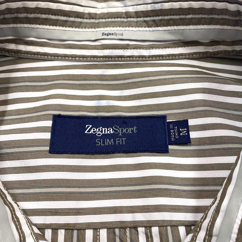 Zegna Sport Slim Fit Striped Shirt | Vintage Luxury Designer Medium White Brown | Vintage Messina Hembry | Thrift | Second-Hand Messina Hembry | Used Clothing | Messina Hembry 