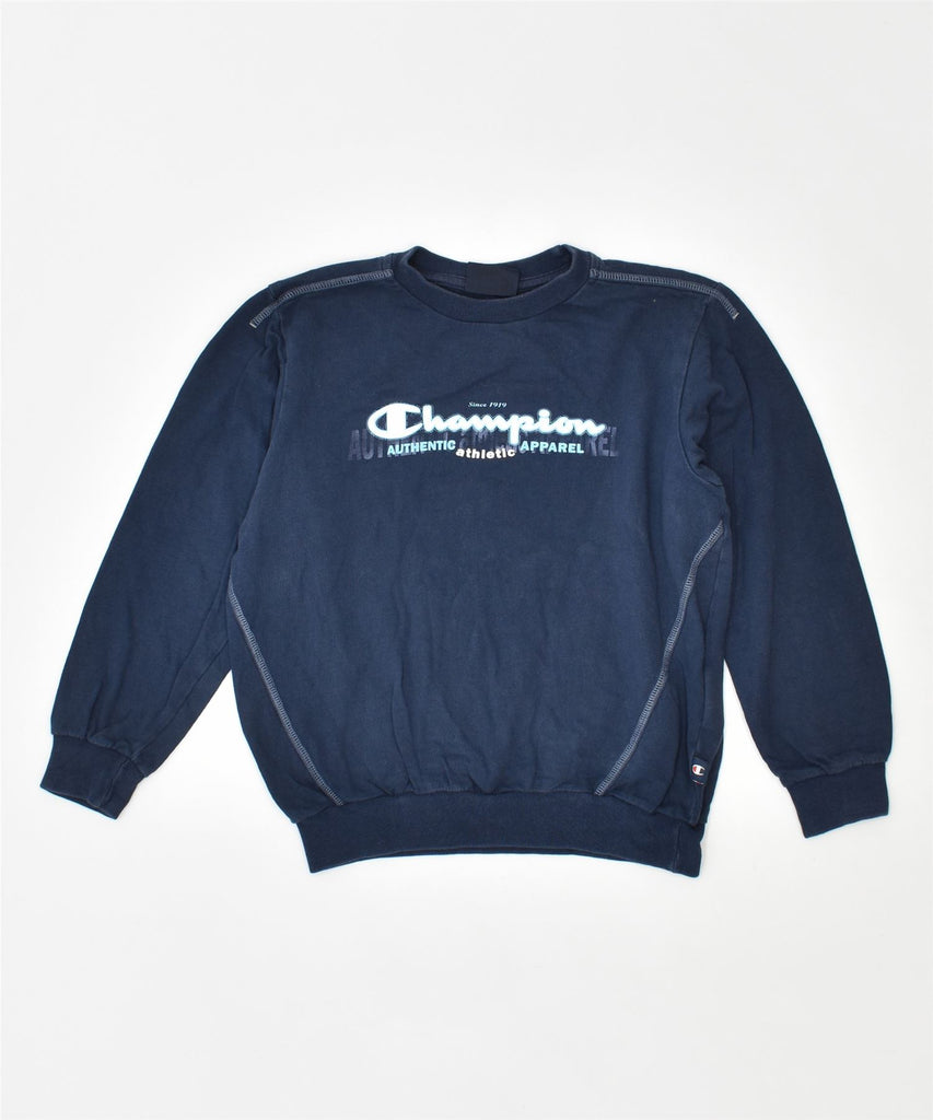 CHAMPION Boys Graphic Sweatshirt Jumper 9-10 Years Medium Navy Blue Cotton | Vintage | Thrift | Second-Hand | Used Clothing | Messina Hembry 