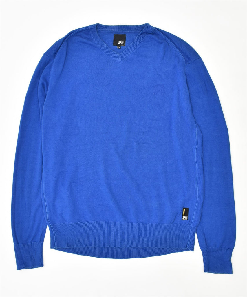 JACK & JONES Mens V-Neck Jumper Sweater XL Blue Cotton | Vintage | Thrift | Second-Hand | Used Clothing | Messina Hembry 