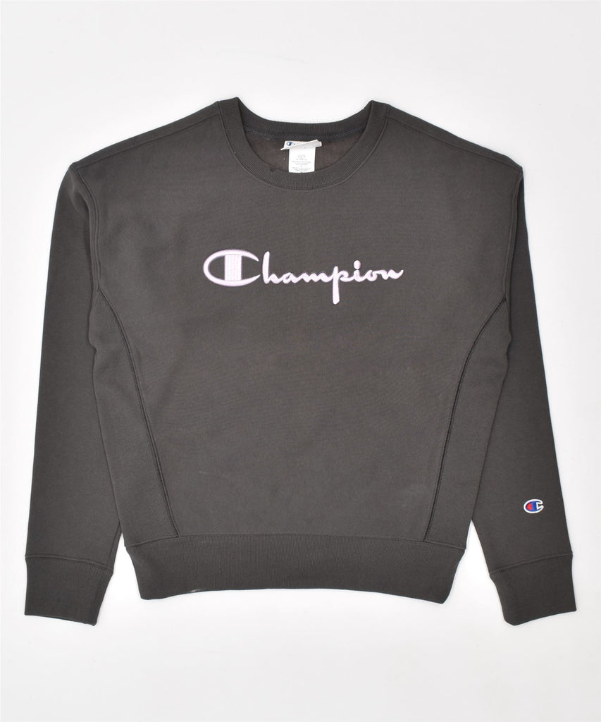 CHAMPION Womens Graphic Sweatshirt Jumper UK 14 Medium Black Cotton | Vintage | Thrift | Second-Hand | Used Clothing | Messina Hembry 