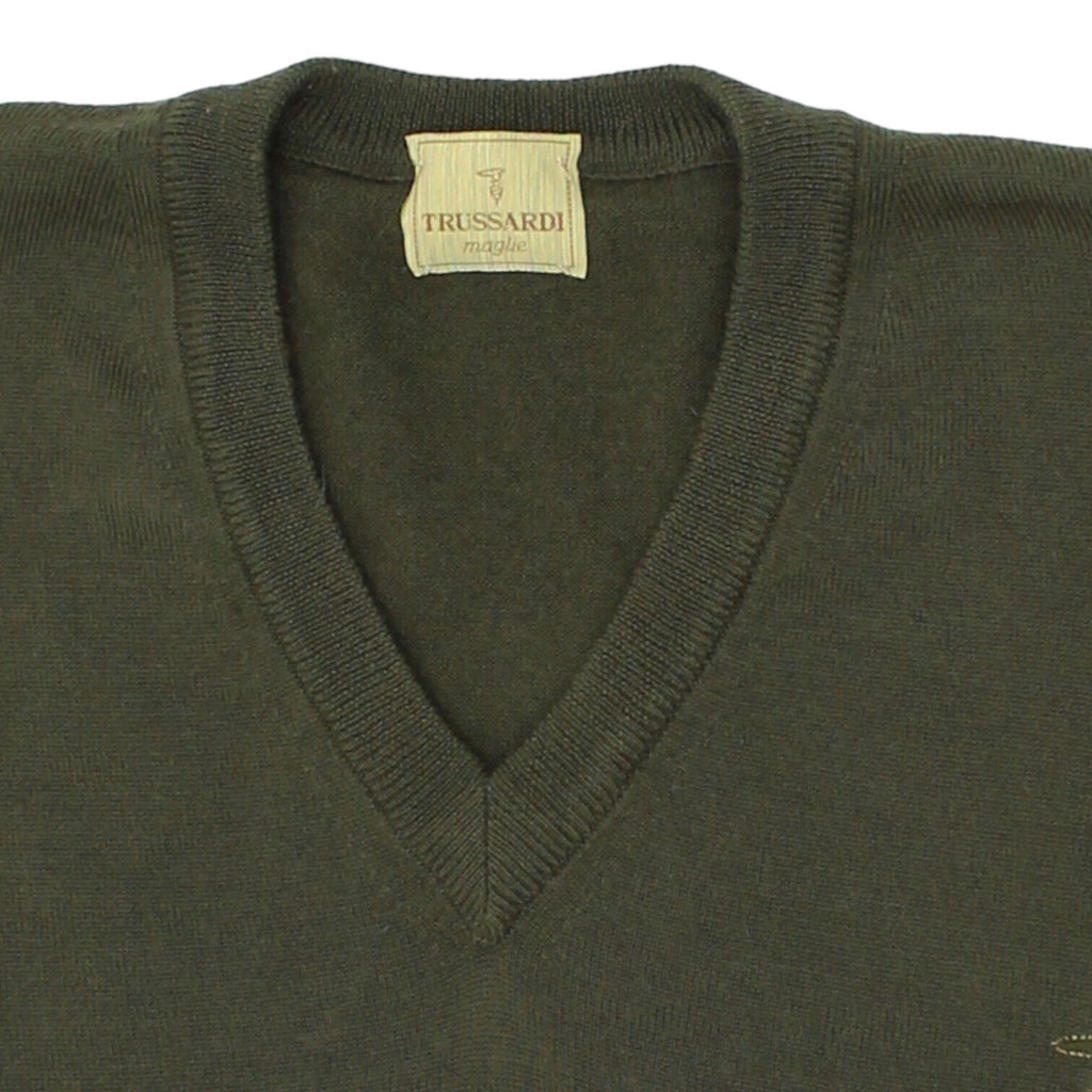 Trussardi Green Wool Knit V Neck Jumper | Vintage High End Designer Sweater VTG | Vintage Messina Hembry | Thrift | Second-Hand Messina Hembry | Used Clothing | Messina Hembry 