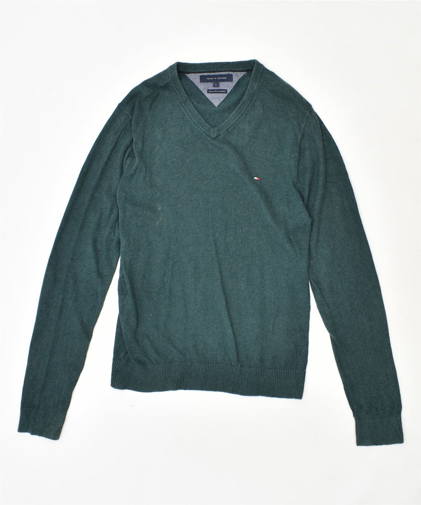 TOMMY HILFIGER Mens V-Neck Jumper Sweater Small Green Cotton | Vintage | Thrift | Second-Hand | Used Clothing | Messina Hembry 