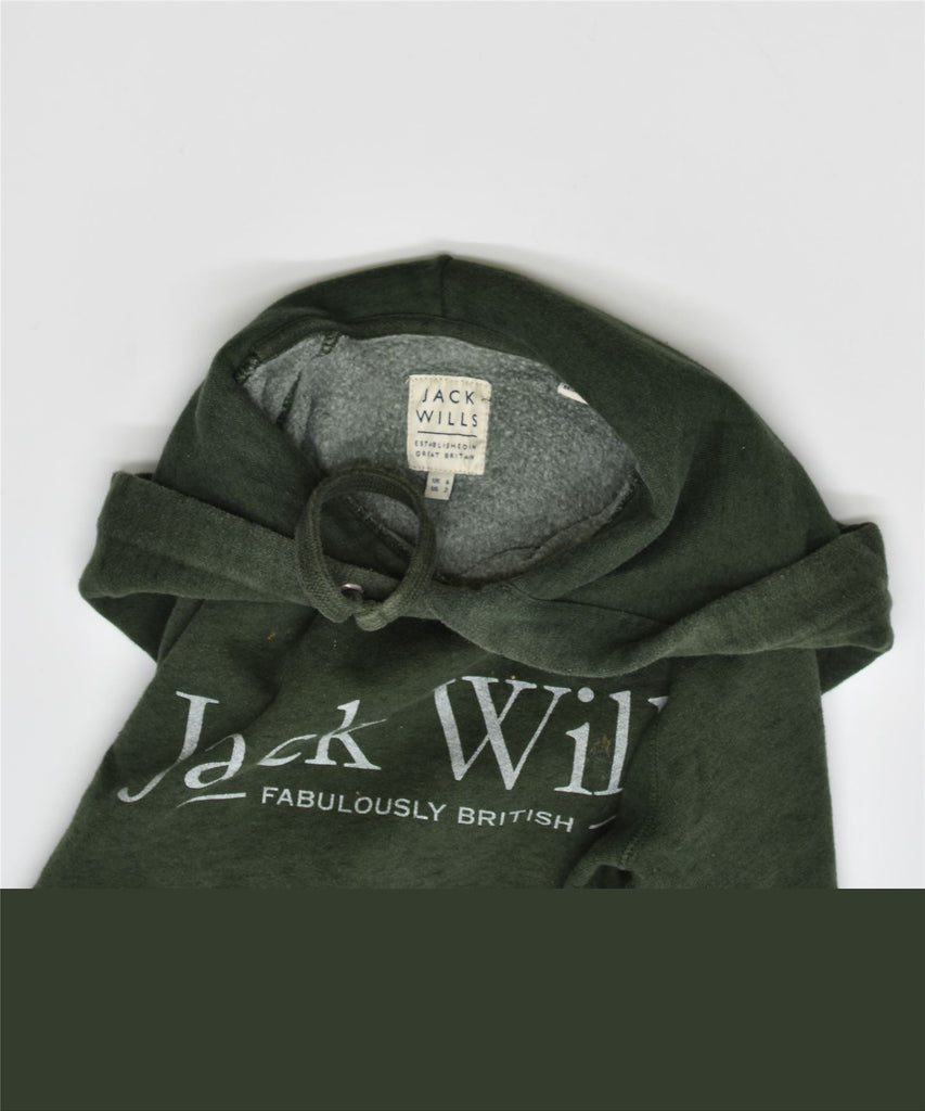 JACK WILLS Womens Graphic Hoodie Jumper UK 6 XS Green Cotton | Vintage | Thrift | Second-Hand | Used Clothing | Messina Hembry 