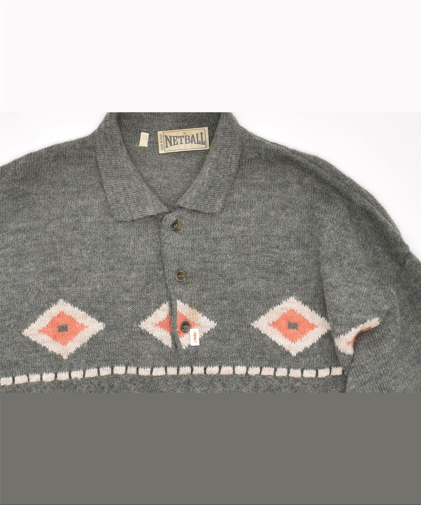 NETBALL Mens Polo Neck Jumper Sweater Medium Grey Argyle/Diamond Acrylic | Vintage | Thrift | Second-Hand | Used Clothing | Messina Hembry 