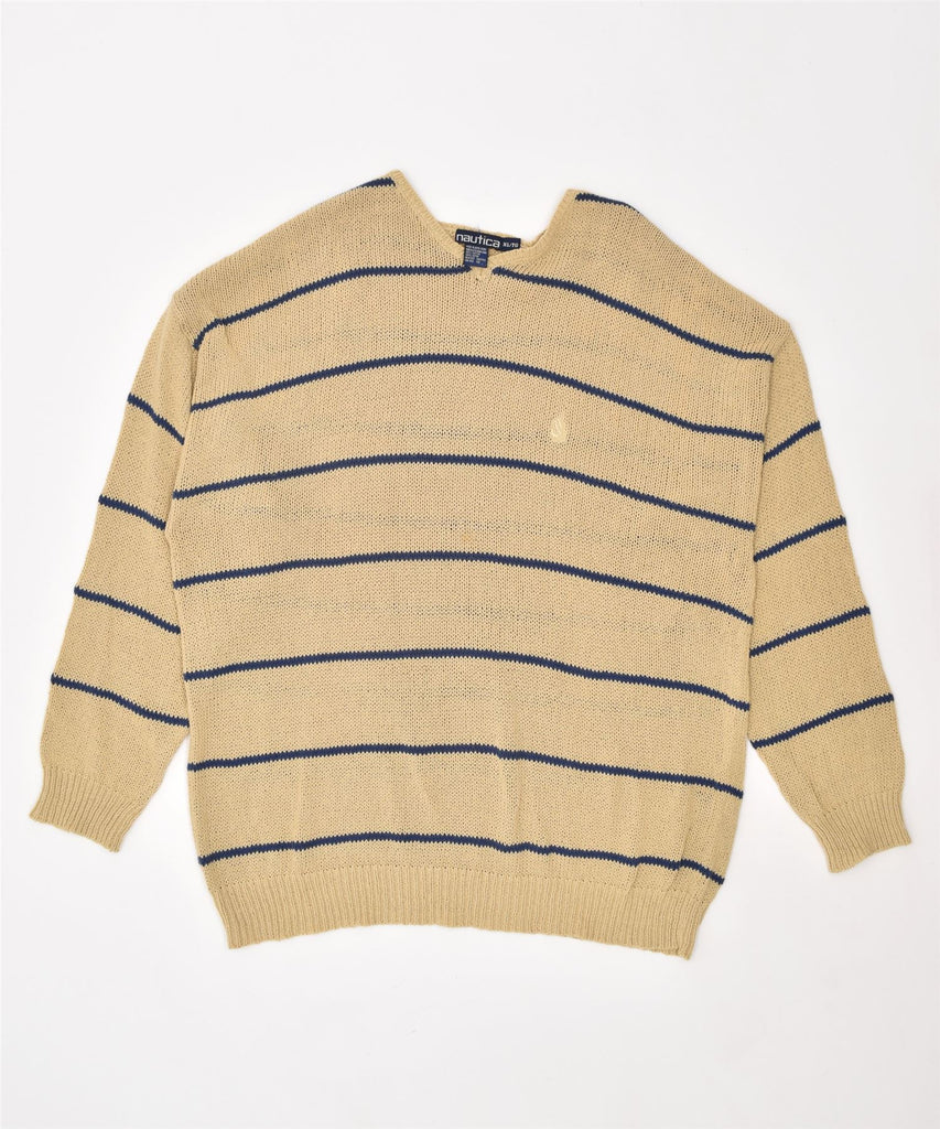 NAUTICA Mens V-Neck Jumper Sweater XL Brown Striped Cotton | Vintage | Thrift | Second-Hand | Used Clothing | Messina Hembry 