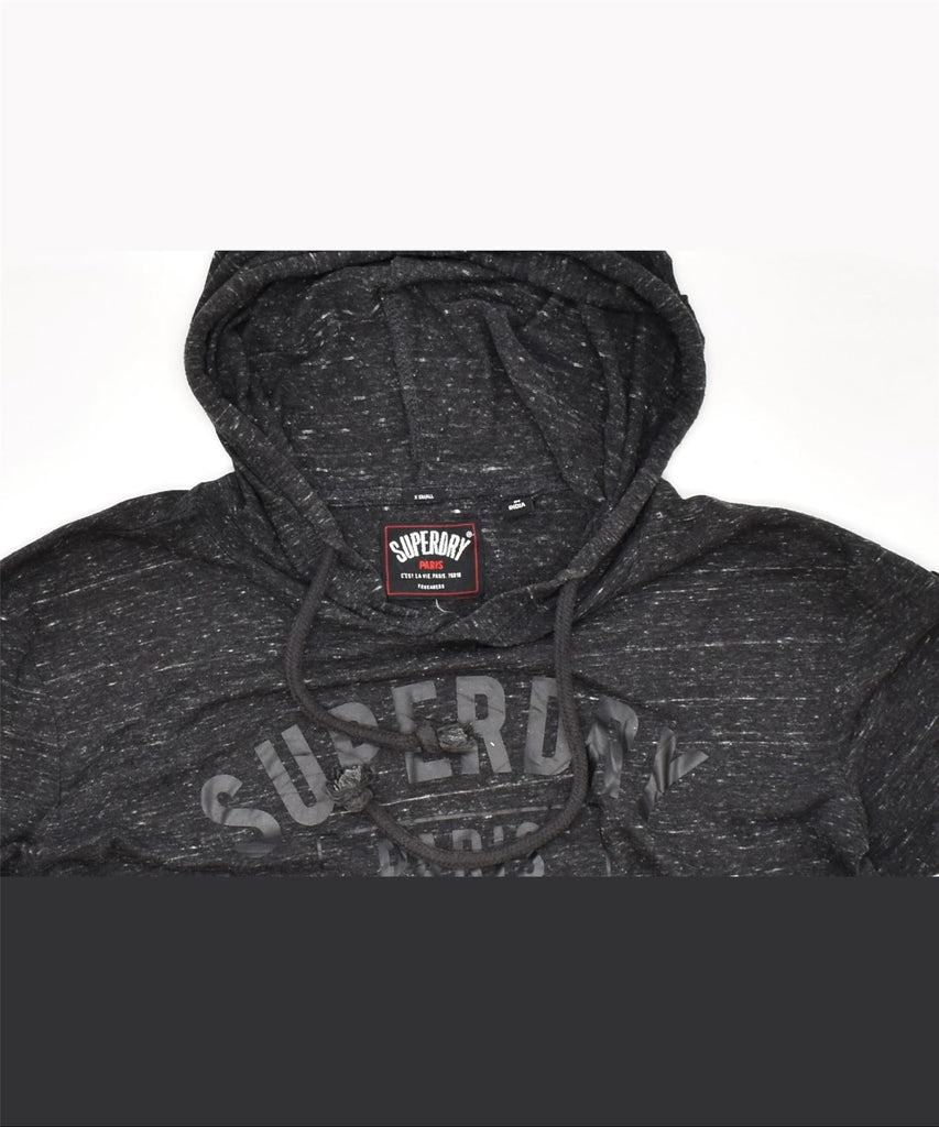 SUPERDRY Womens Paris Graphic Crop Hoodie Jumper UK 6 XS Black Flecked | Vintage | Thrift | Second-Hand | Used Clothing | Messina Hembry 