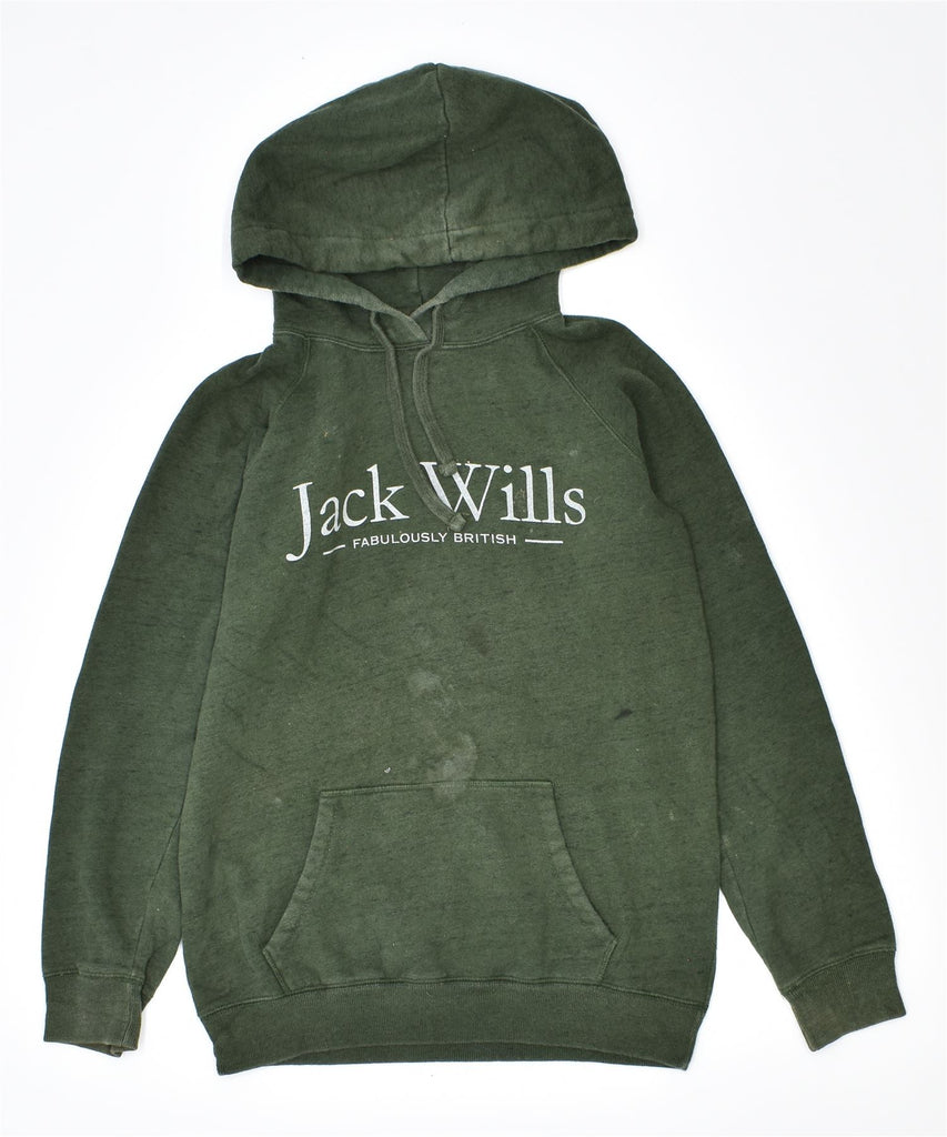 JACK WILLS Womens Graphic Hoodie Jumper UK 6 XS Green Cotton | Vintage | Thrift | Second-Hand | Used Clothing | Messina Hembry 