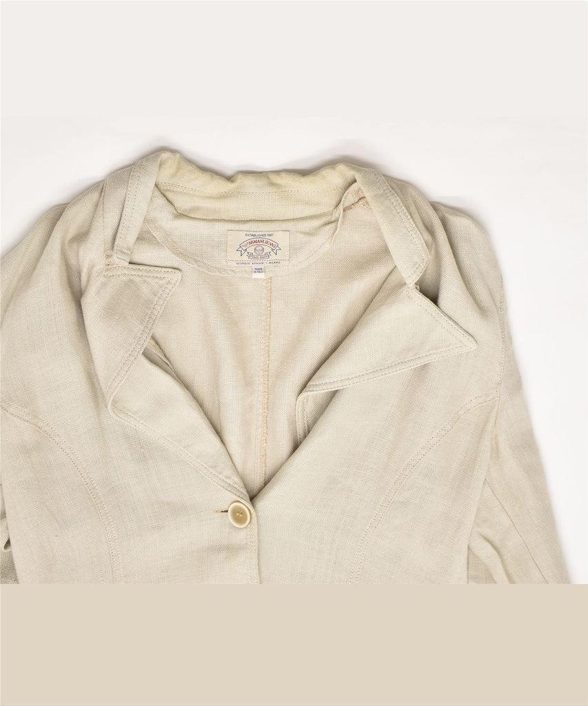ARMANI JEANS Womens 1 Button Blazer Jacket UK 16 Large Beige Linen Classic | Vintage | Thrift | Second-Hand | Used Clothing | Messina Hembry 