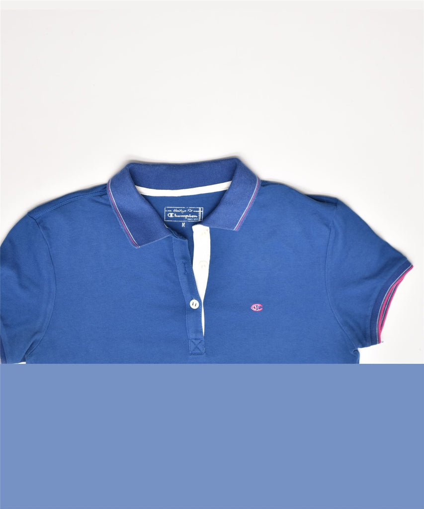 CHAMPION Womens Heritage Fit Polo Shirt UK 12 Medium Blue Cotton | Vintage | Thrift | Second-Hand | Used Clothing | Messina Hembry 