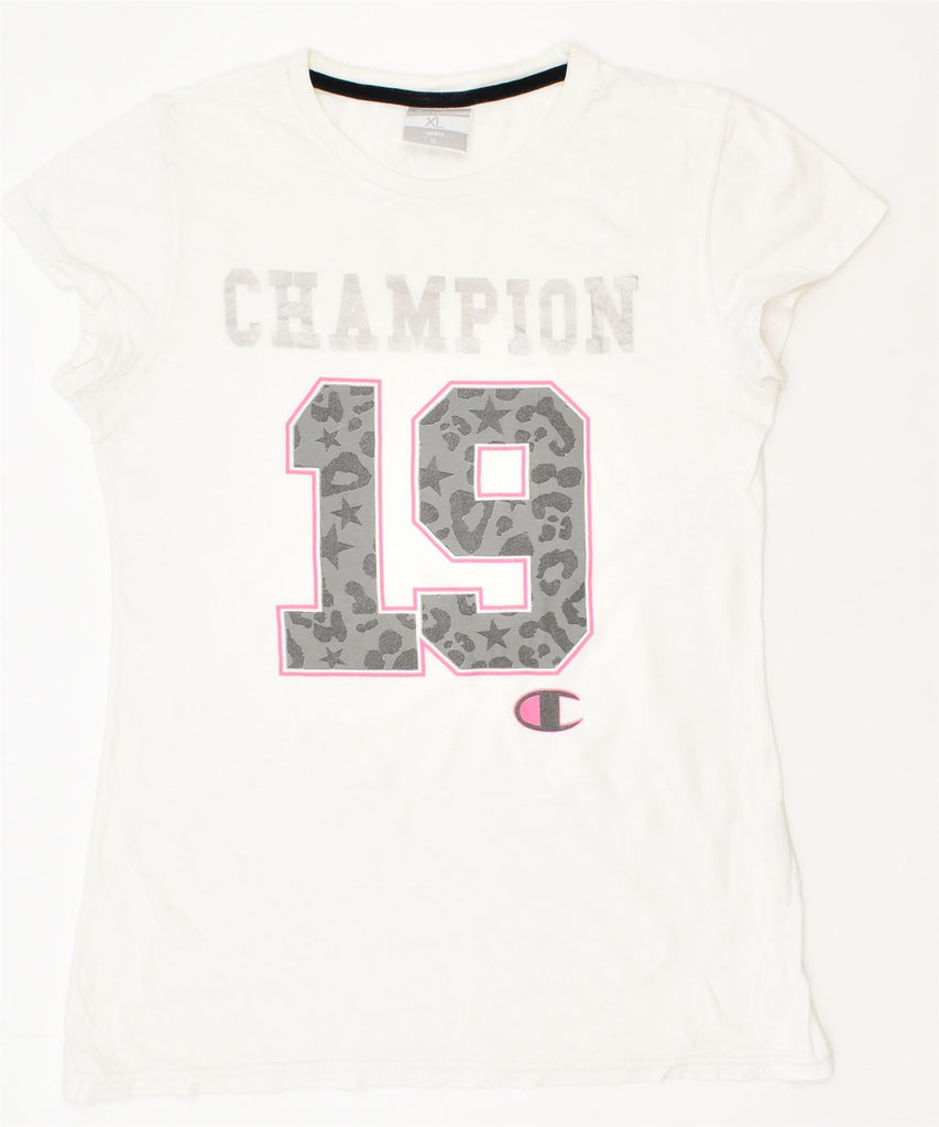 CHAMPION Girls Graphic T-Shirt Top 13-14 Years XL White Cotton | Vintage | Thrift | Second-Hand | Used Clothing | Messina Hembry 