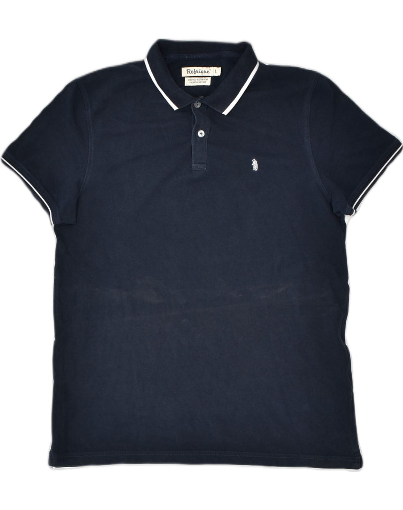 REFRIGUE Mens Polo Shirt Large Navy Blue Cotton | Vintage | Thrift | Second-Hand | Used Clothing | Messina Hembry 