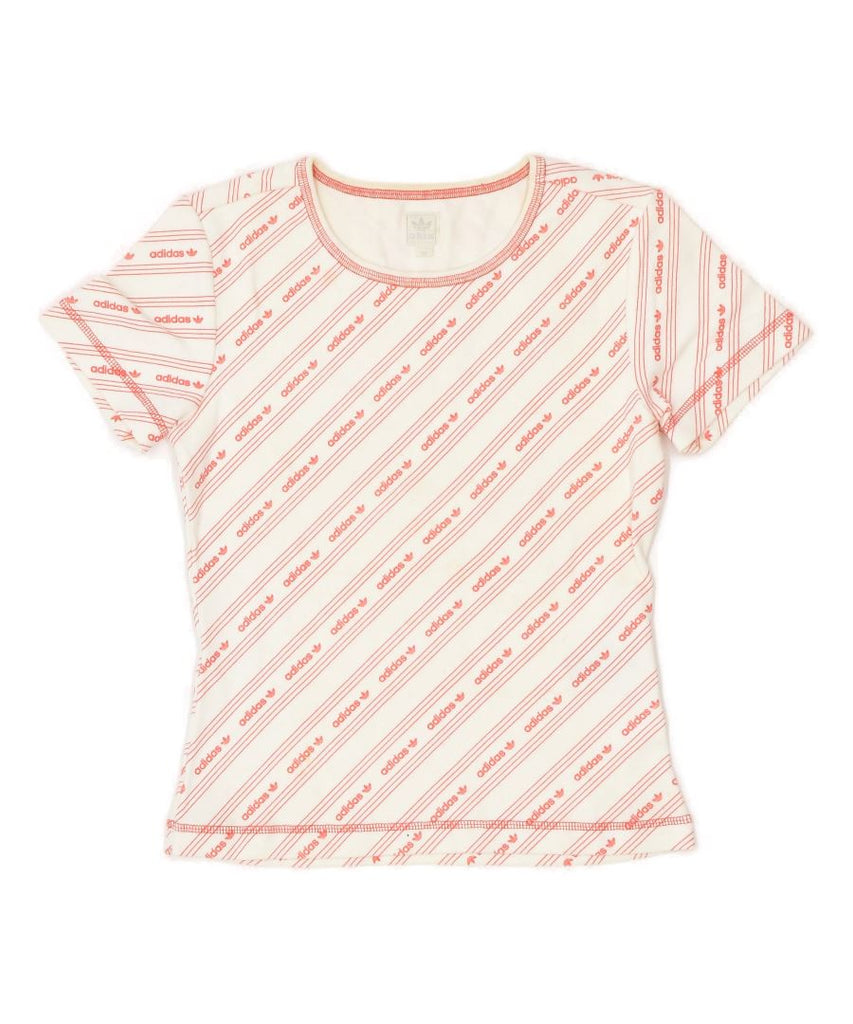 ADIDAS Womens Graphic Graphic T-Shirt Top EU 34 Small Off White Striped | Vintage | Thrift | Second-Hand | Used Clothing | Messina Hembry 