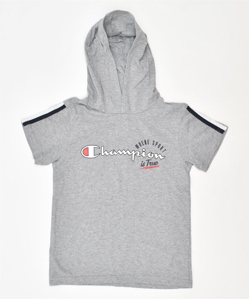 CHAMPION Boys Hooded Graphic Top 7-8 Years Small Grey | Vintage | Thrift | Second-Hand | Used Clothing | Messina Hembry 