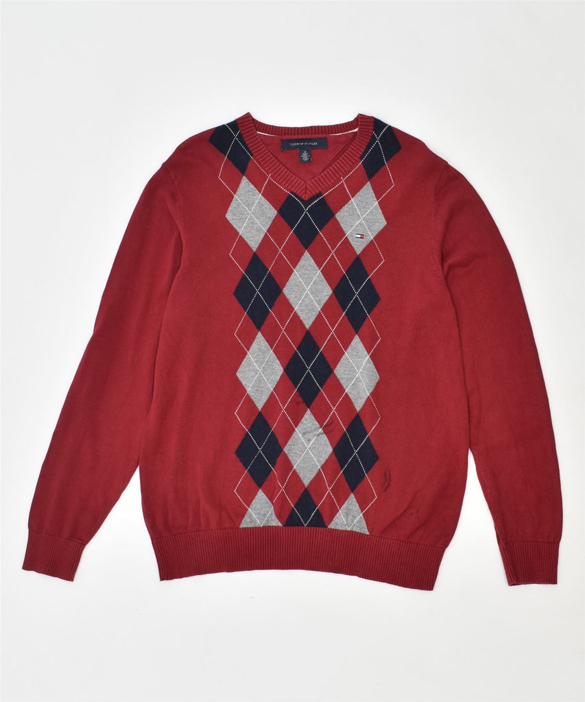 TOMMY HILFIGER Mens V-Neck Jumper Sweater Medium Burgundy Cotton | Vintage | Thrift | Second-Hand | Used Clothing | Messina Hembry 