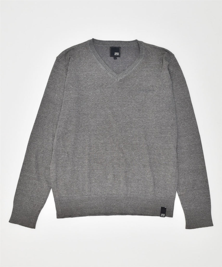 JACK & JONES Mens V-Neck Jumper Sweater Large Grey | Vintage | Thrift | Second-Hand | Used Clothing | Messina Hembry 