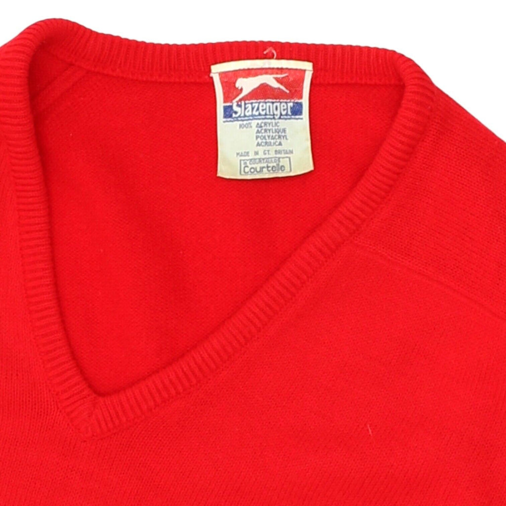 Slazenger Mens Red V Neck Acrylic Knit Jumper | Vintage 80s Designer Sweater VTG | Vintage Messina Hembry | Thrift | Second-Hand Messina Hembry | Used Clothing | Messina Hembry 