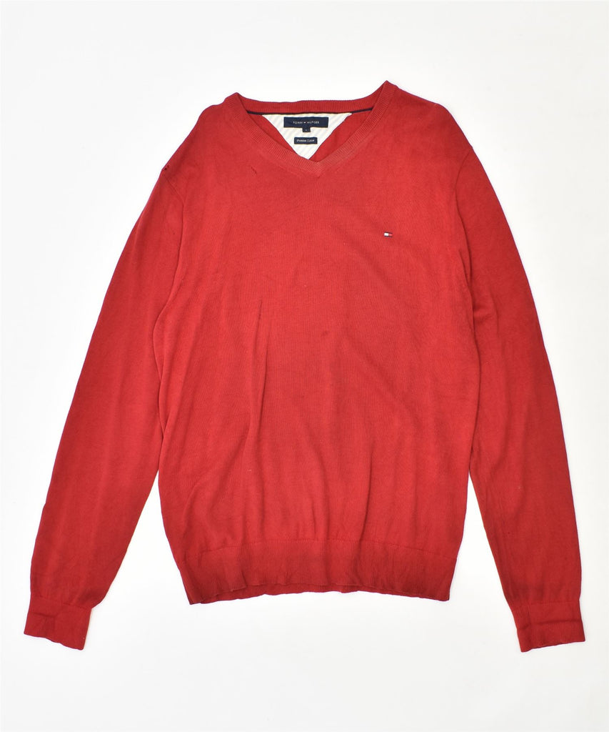 TOMMY HILFIGER Mens V-Neck Jumper Sweater Large Red Cotton | Vintage | Thrift | Second-Hand | Used Clothing | Messina Hembry 