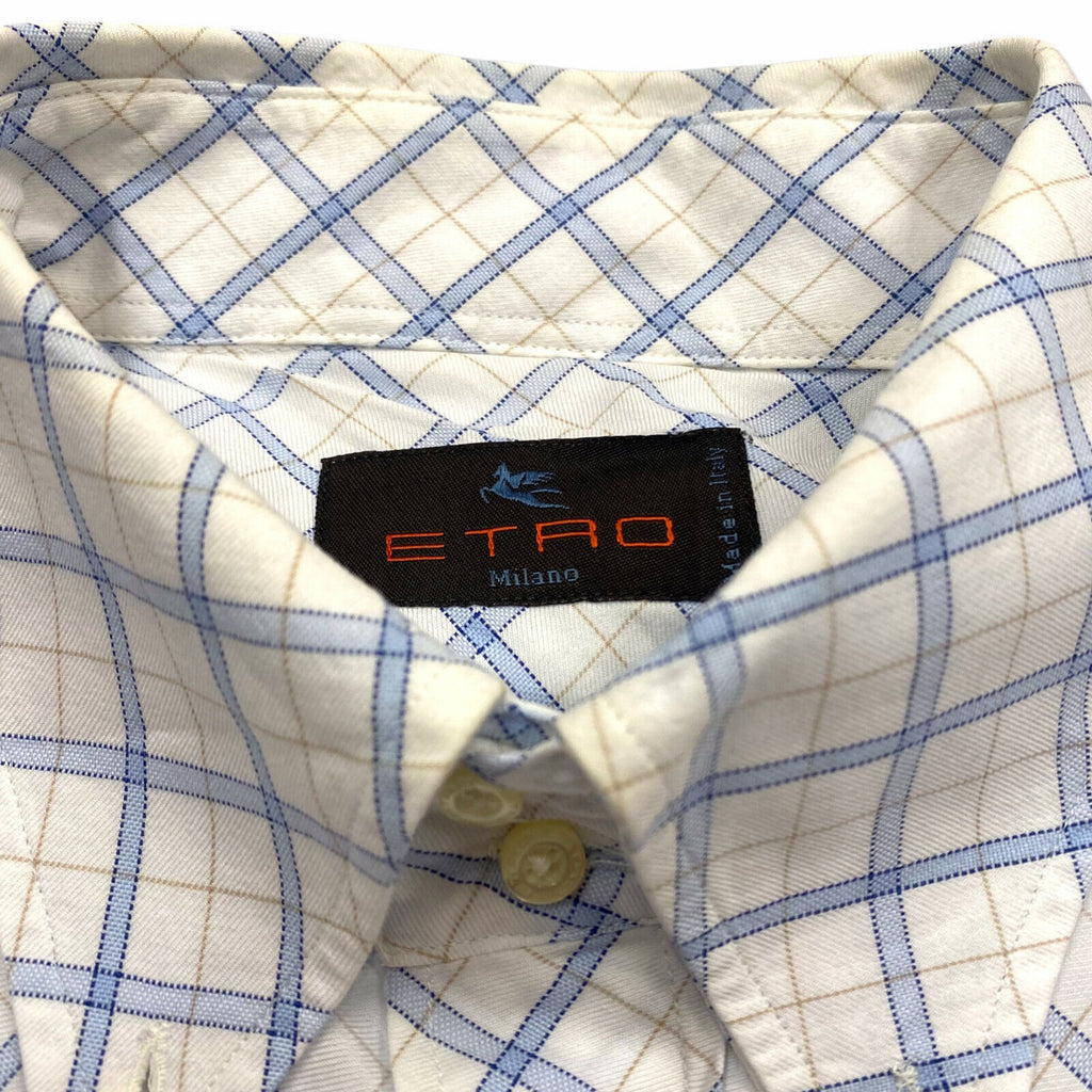 Etro Button Down Collar Check Shirt | Vintage Luxury Designer Smart Blue White | Vintage Messina Hembry | Thrift | Second-Hand Messina Hembry | Used Clothing | Messina Hembry 