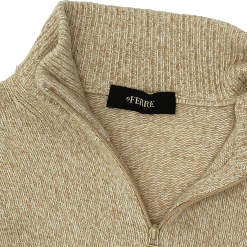 Gianfranco Ferre Mens Beige Half Zip Wool Knit Jumper | Vintage Designer Sweater | Vintage Messina Hembry | Thrift | Second-Hand Messina Hembry | Used Clothing | Messina Hembry 