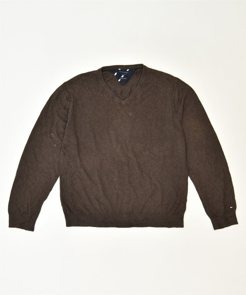 TOMMY HILFIGER Mens V-Neck Jumper Sweater 2XL Brown Cotton | Vintage | Thrift | Second-Hand | Used Clothing | Messina Hembry 