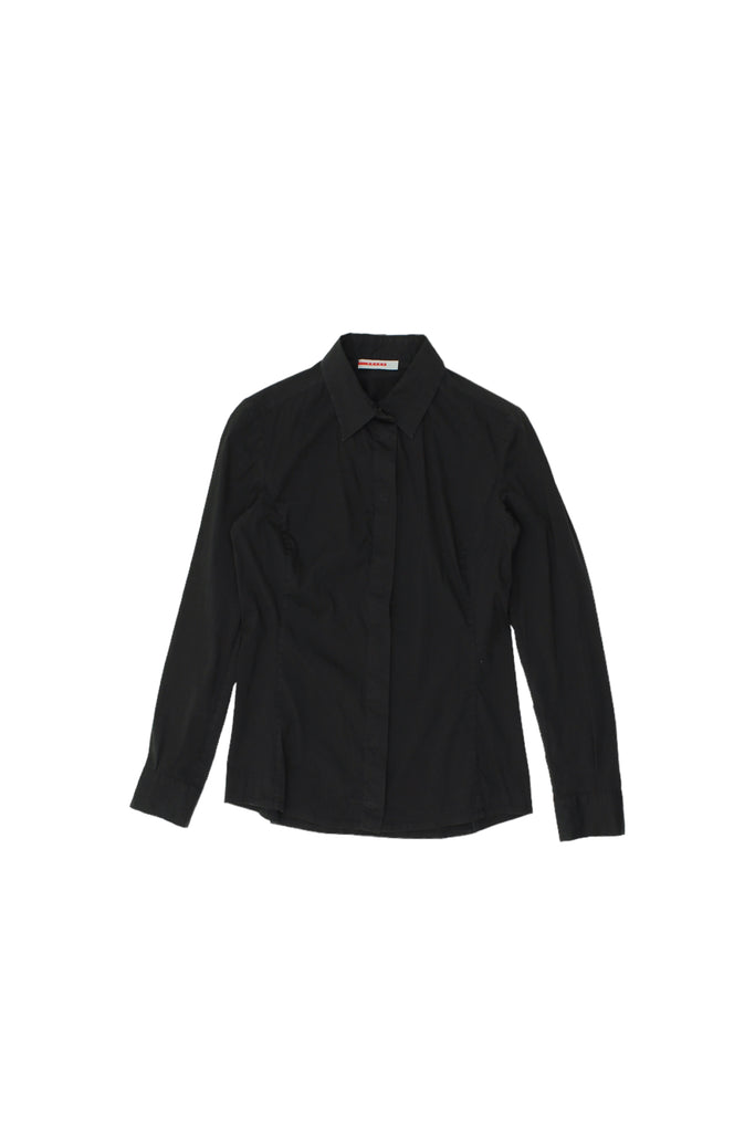 Prada Women's Stretchy Snap Popper Fastening Shirt | Vintage High End Black VTG | Vintage Messina Hembry | Thrift | Second-Hand Messina Hembry | Used Clothing | Messina Hembry 