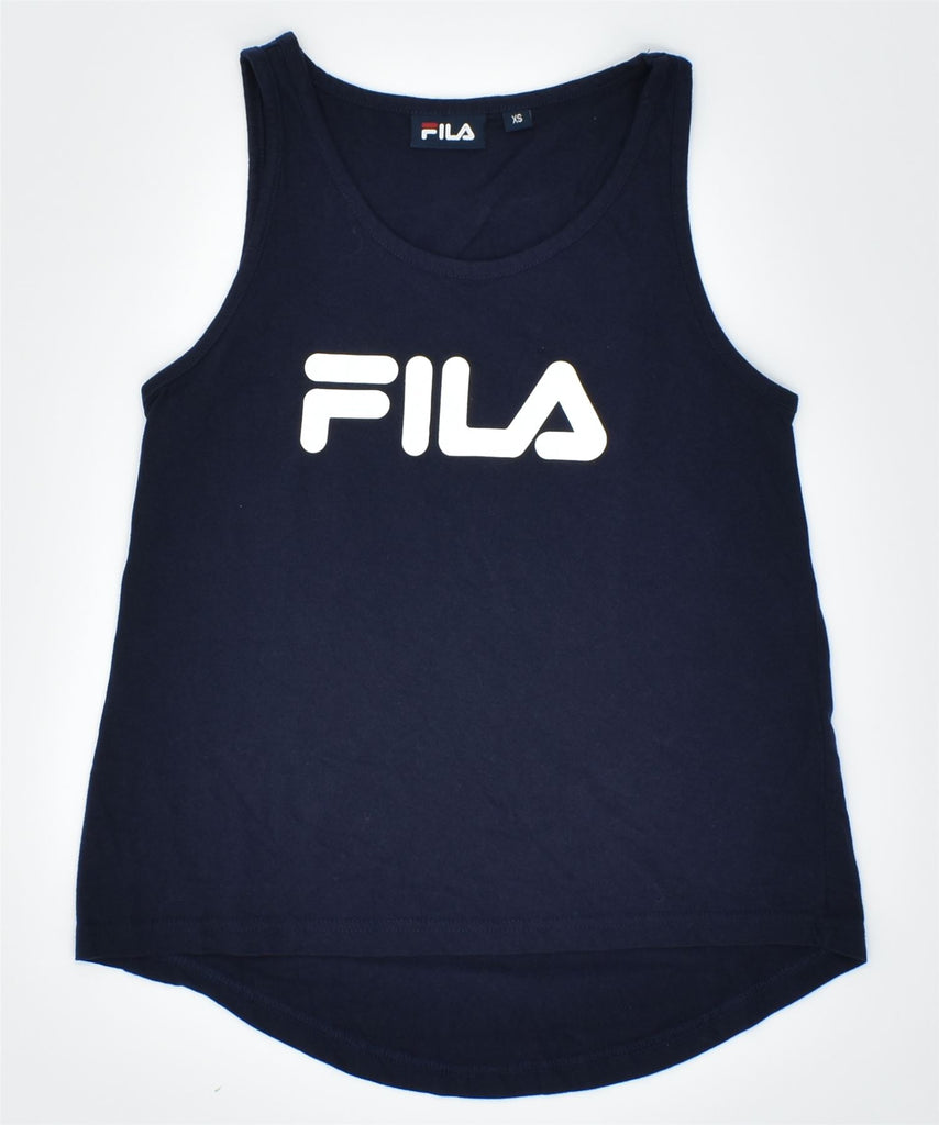 FILA Womens Graphic Vest Top UK 6 XS Navy Blue Cotton | Vintage | Thrift | Second-Hand | Used Clothing | Messina Hembry 