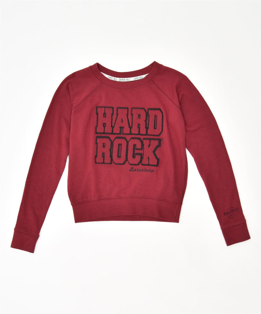 HARD ROCK CAFE Womens Graphic Sweatshirt Jumper UK 6 XS Burgundy Cotton | Vintage | Thrift | Second-Hand | Used Clothing | Messina Hembry 