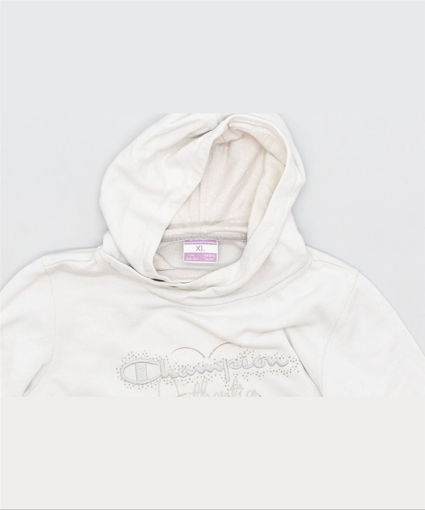 CHAMPION Girls Graphic Hoodie Jumper 13-14 Years XL Off White Cotton | Vintage | Thrift | Second-Hand | Used Clothing | Messina Hembry 