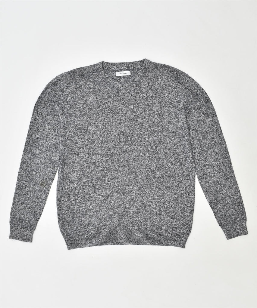 JACK & JONES Mens V-Neck Jumper Sweater Large Grey Cotton | Vintage | Thrift | Second-Hand | Used Clothing | Messina Hembry 